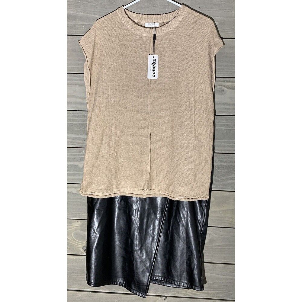 Kate Kasin Faux Leather Pencil Skirt Sleeveless Sweater Vest Outfit Womens L NWT